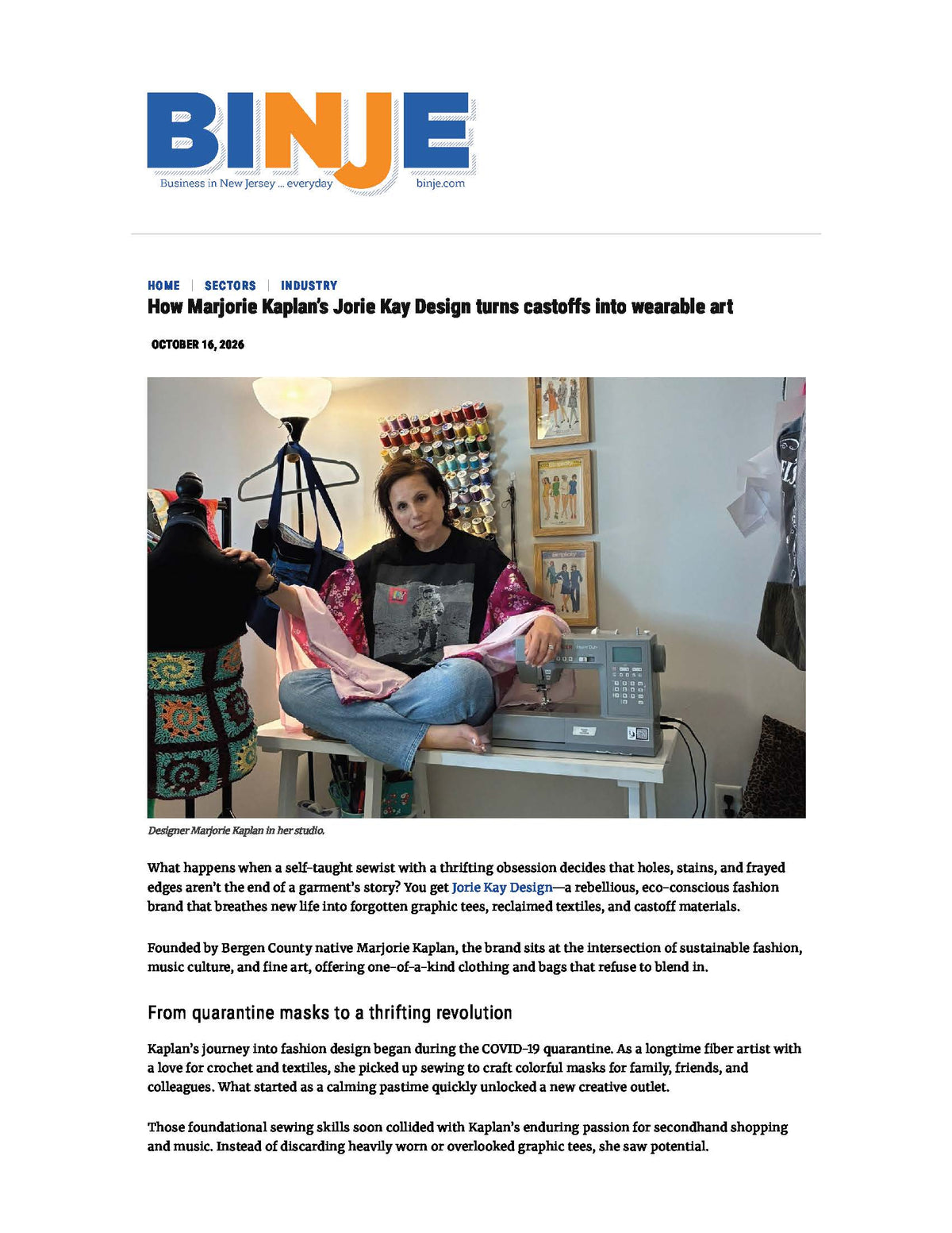 BiNJe (Oct. 16): How Marjorie Kaplan's Jorie Kay Design turns castoffs into Wearable art