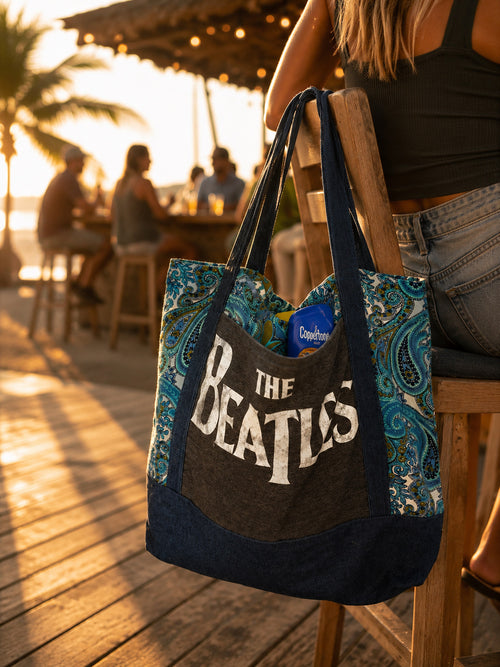Beatles Lover’s Fabric large tote  (19x13x13 inches).  Reworked, upcycled, sustainable, handmade.