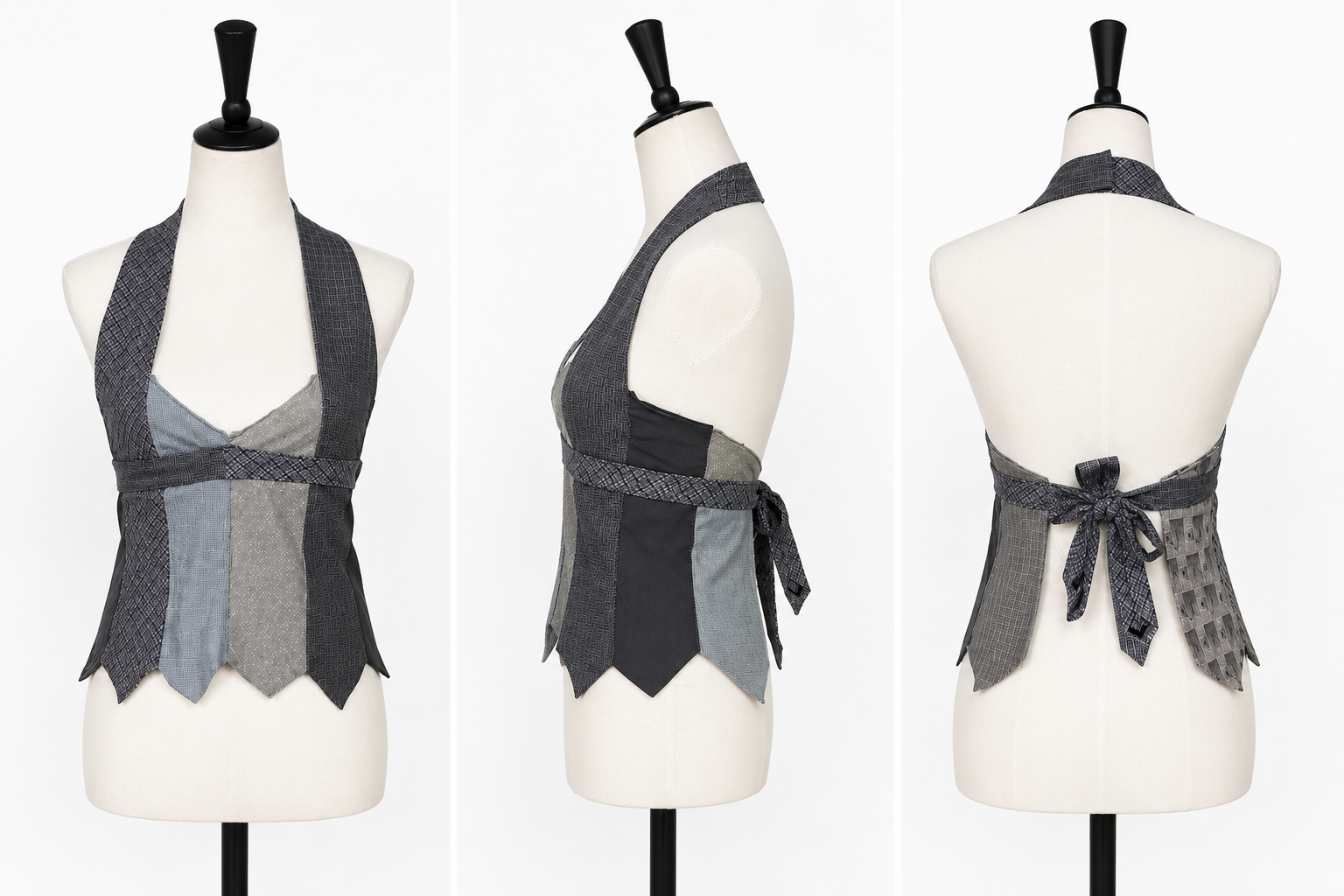 Halter made from reclaimed men's silk neckties from front, side and back.