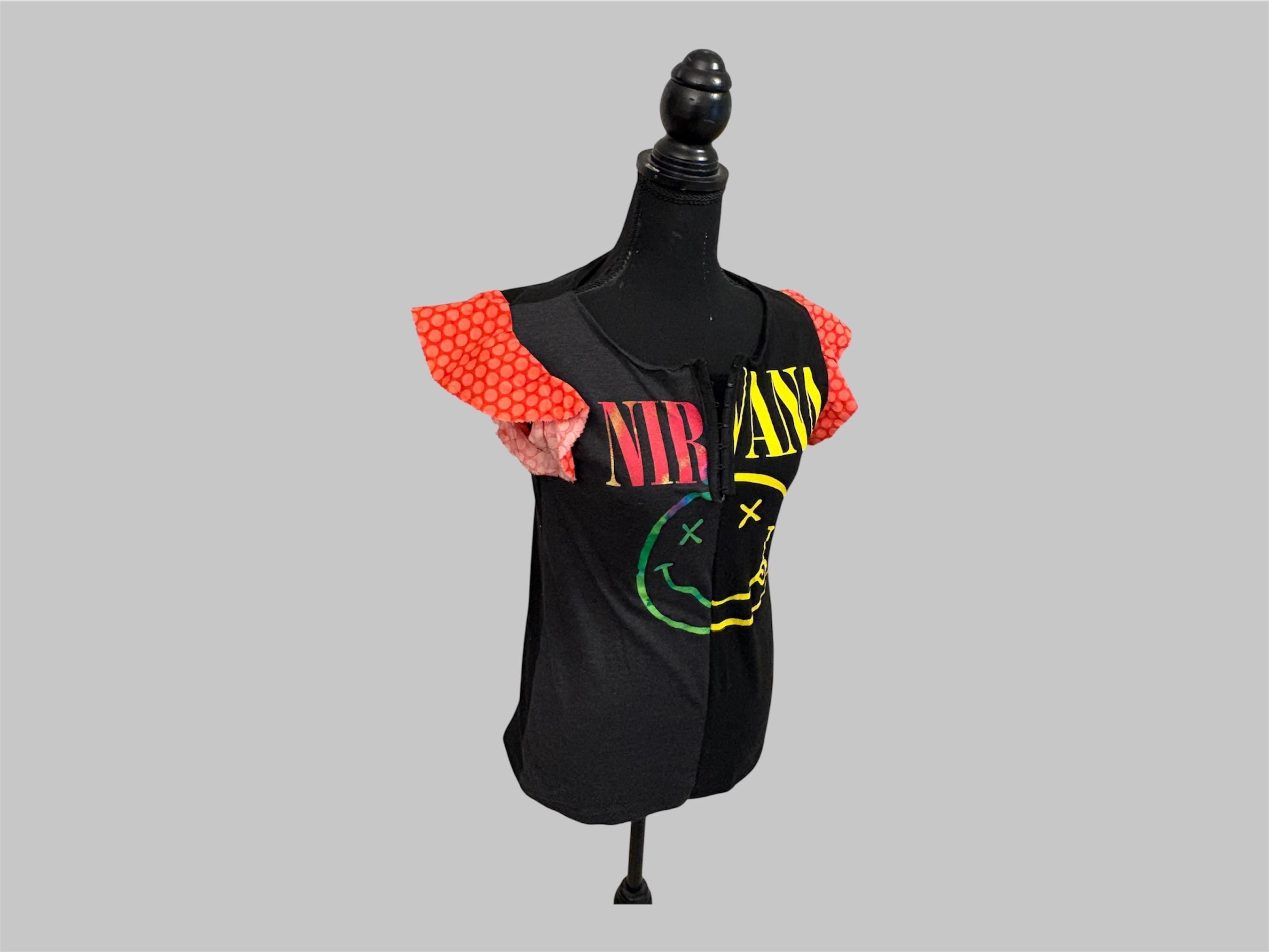 Reworked Smiley Face Band Tee – One-of-a-Kind Flutter Sleeve Top (Size S/M)