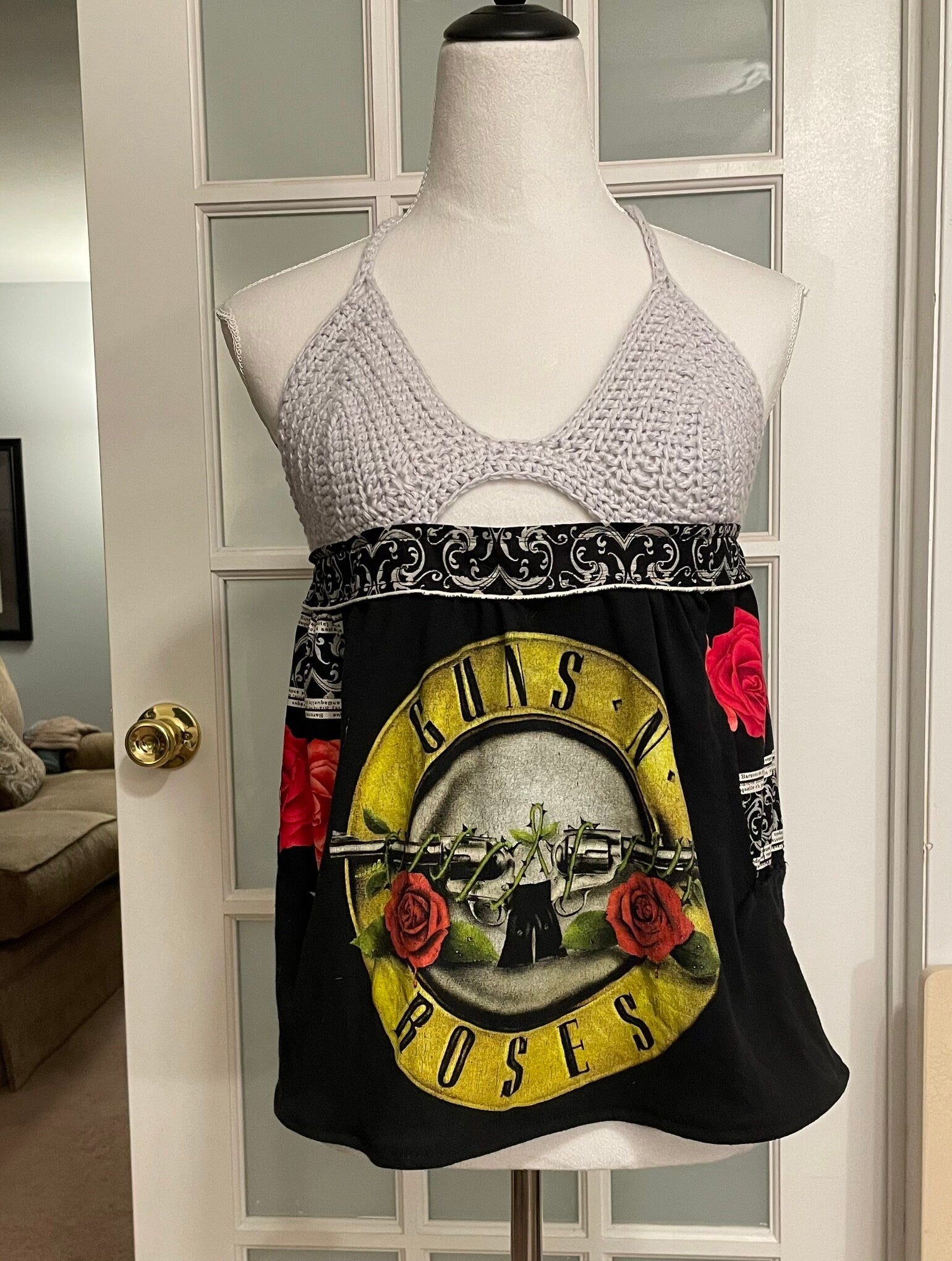 One of a Kind Rocker Crochet Halter Top  Reworked Band tee  Upcycled shirt  Festival Halter  Rock Band Clothing Handmade top (Size Small).
