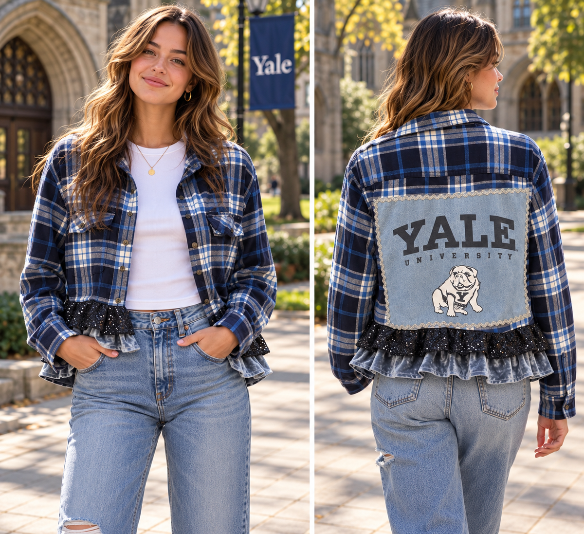Plaid ruffled Yale Flannel paired with jeans.