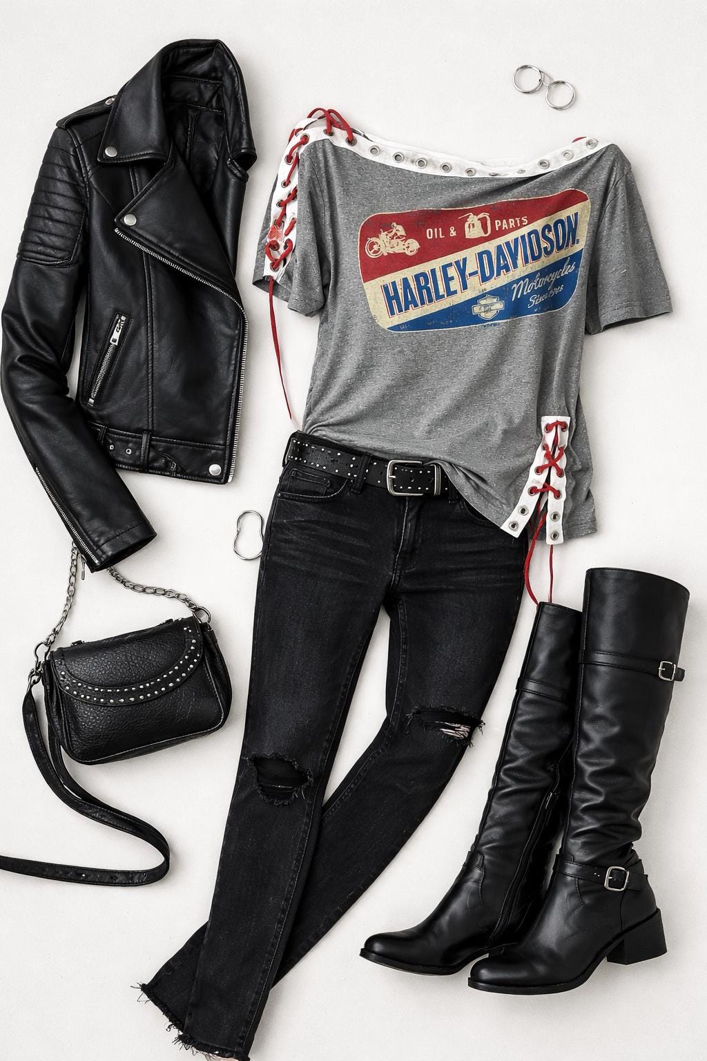 Upcycled Harley Davidson Top Women І  Reworked Graphic Tee with Grommet Sleeves І One of a kind Asymmetrical Boho Grunge Shirt