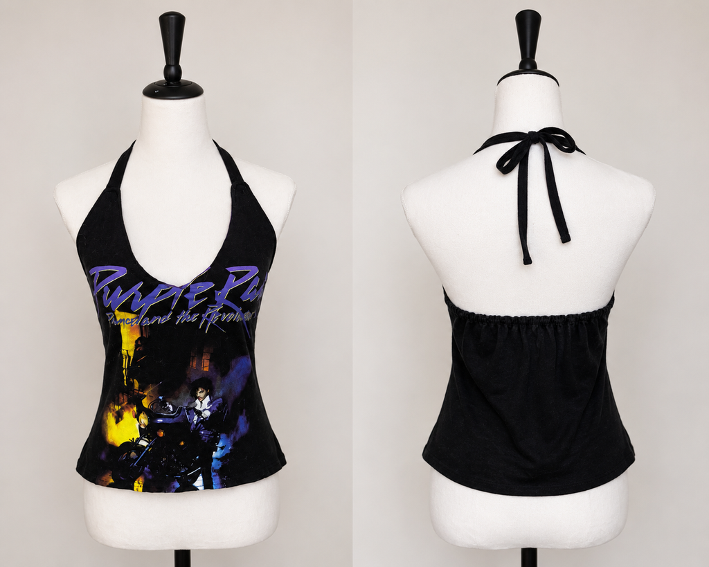 Prince Purple Rain halter top using reclaimed graphic tee is the perfect summer statement piece.