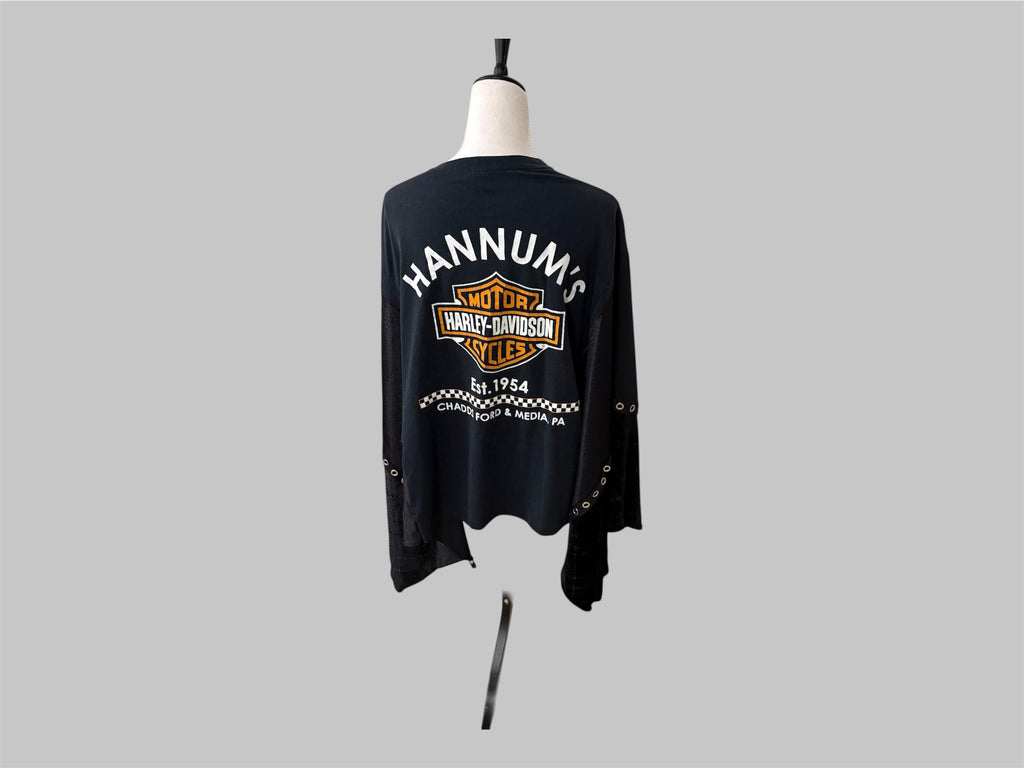 Upcycled Harley Davidson Top Women І  Reworked Graphic Tee with Grommet Sleeves І One of a kind Asymmetrical Boho Grunge Shirt