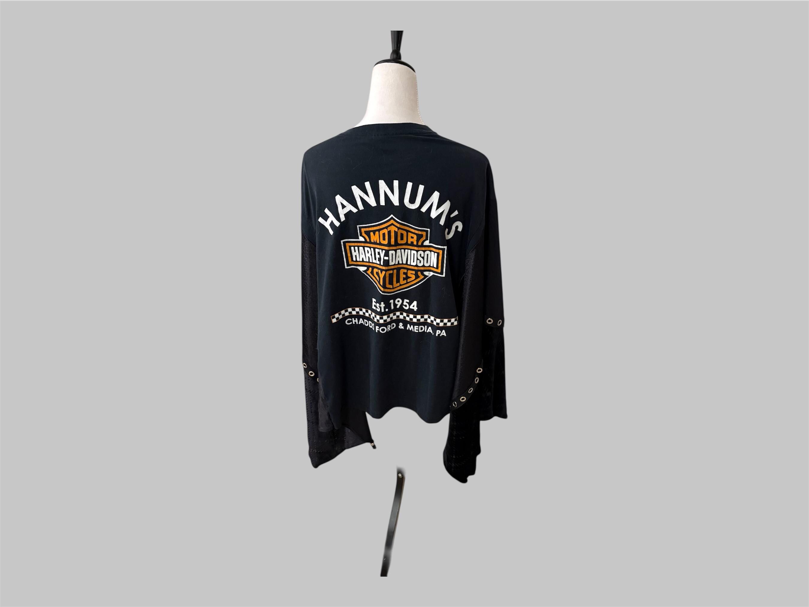 Upcycled Harley Davidson Top Women І  Reworked Graphic Tee with Grommet Sleeves І One of a kind Asymmetrical Boho Grunge Shirt