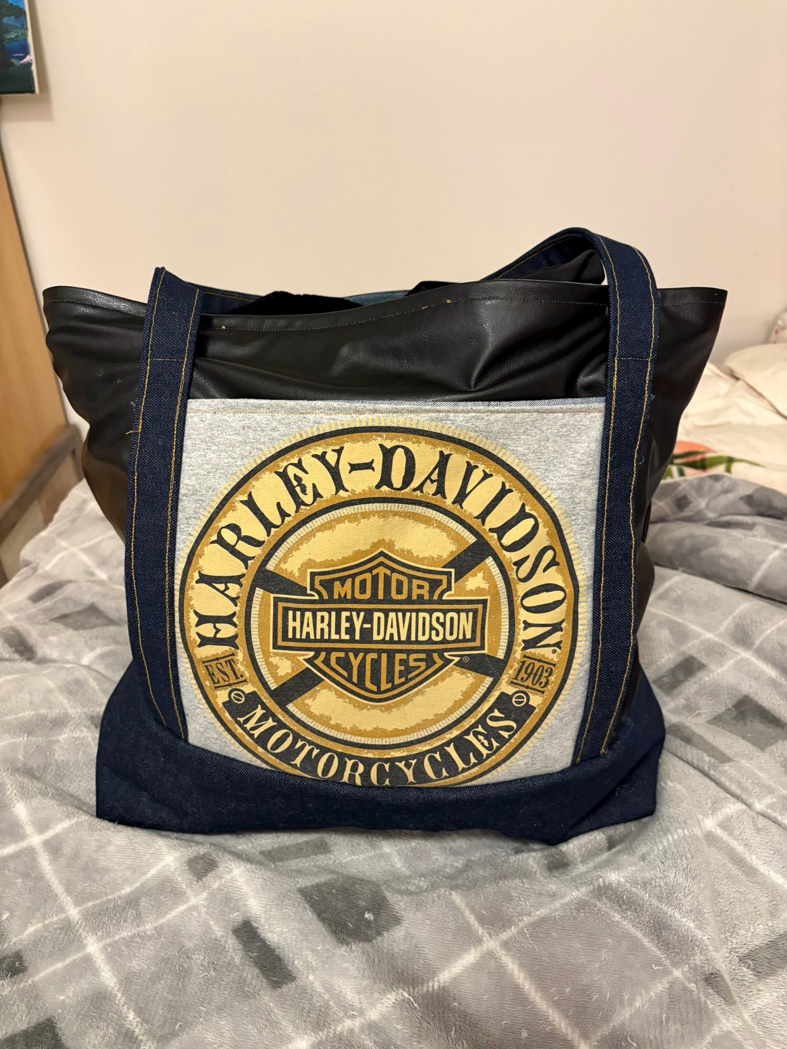 Upcycled Harley Davidson Large Tote Bag І  One of a Kind Reworked graphic Tee Bag  І  Sustainable Vegan Leather Tote І Jorie Kay Design