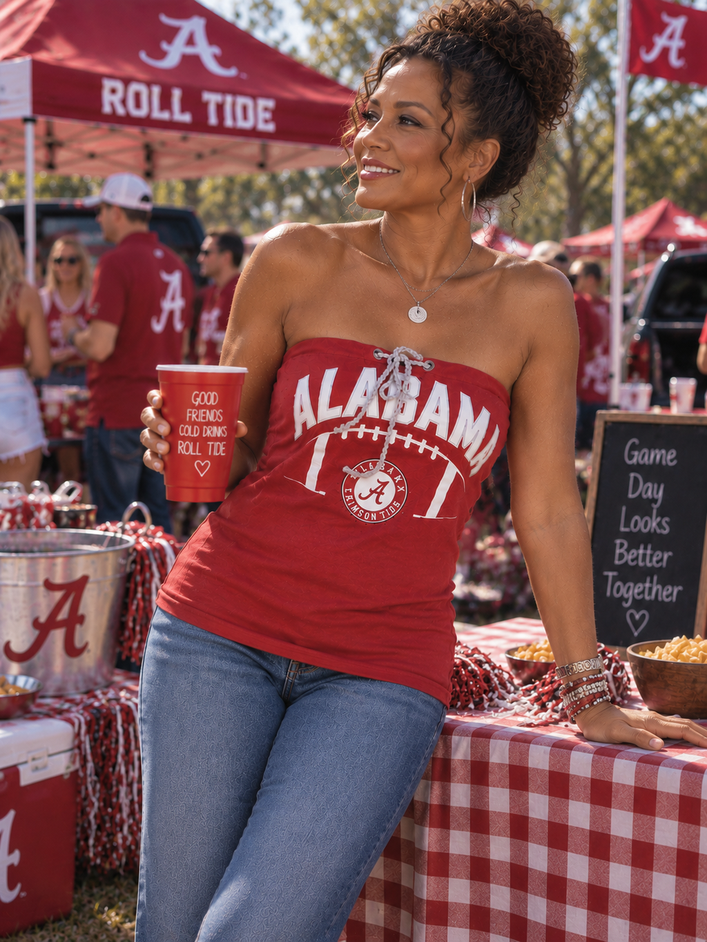 Woman wearing Alabama tube dress as a tunic over jeans.