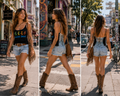 A three-panel collage shows a woman walking on a city street wearing a Grateful Dead graphic tank top with hand crocheted straps and corset-style back, with denim cut-off shorts and brown cowboy boots. 
