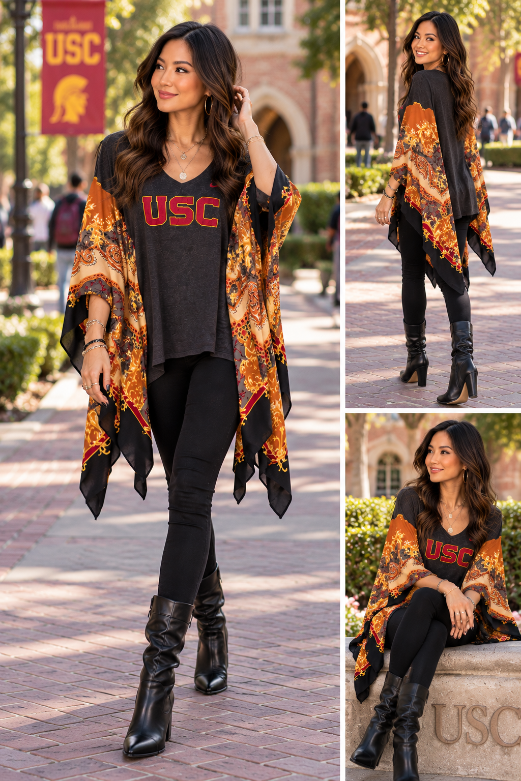 USC v-neck tee reimagined as a sophisticated poncho with colorful 'butterfly wings.'