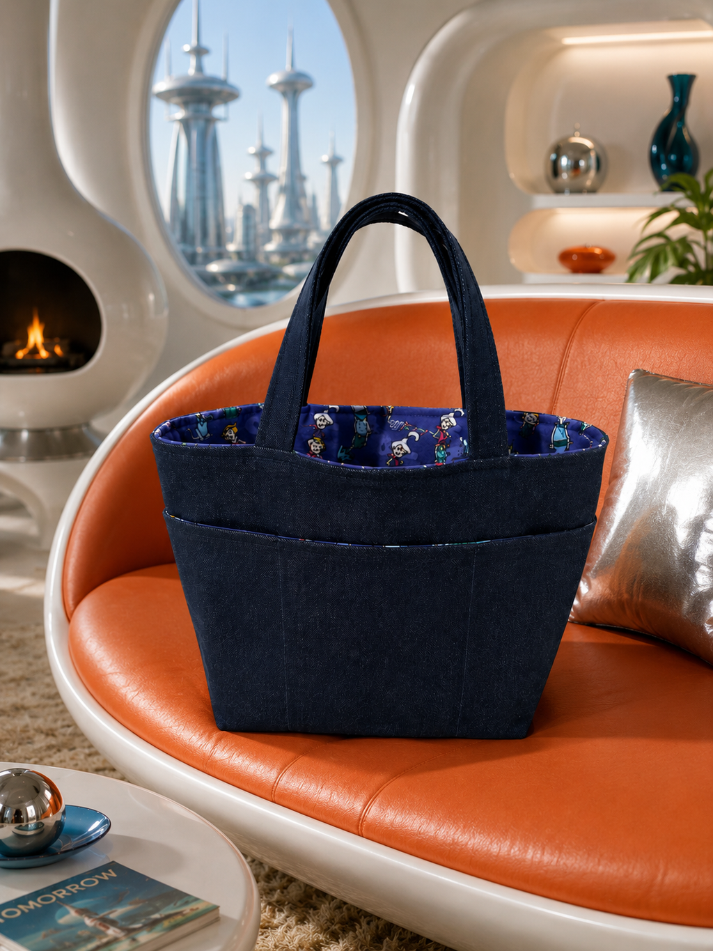 Small denim Jetsons tote displayed on a retro space-age sofa.
