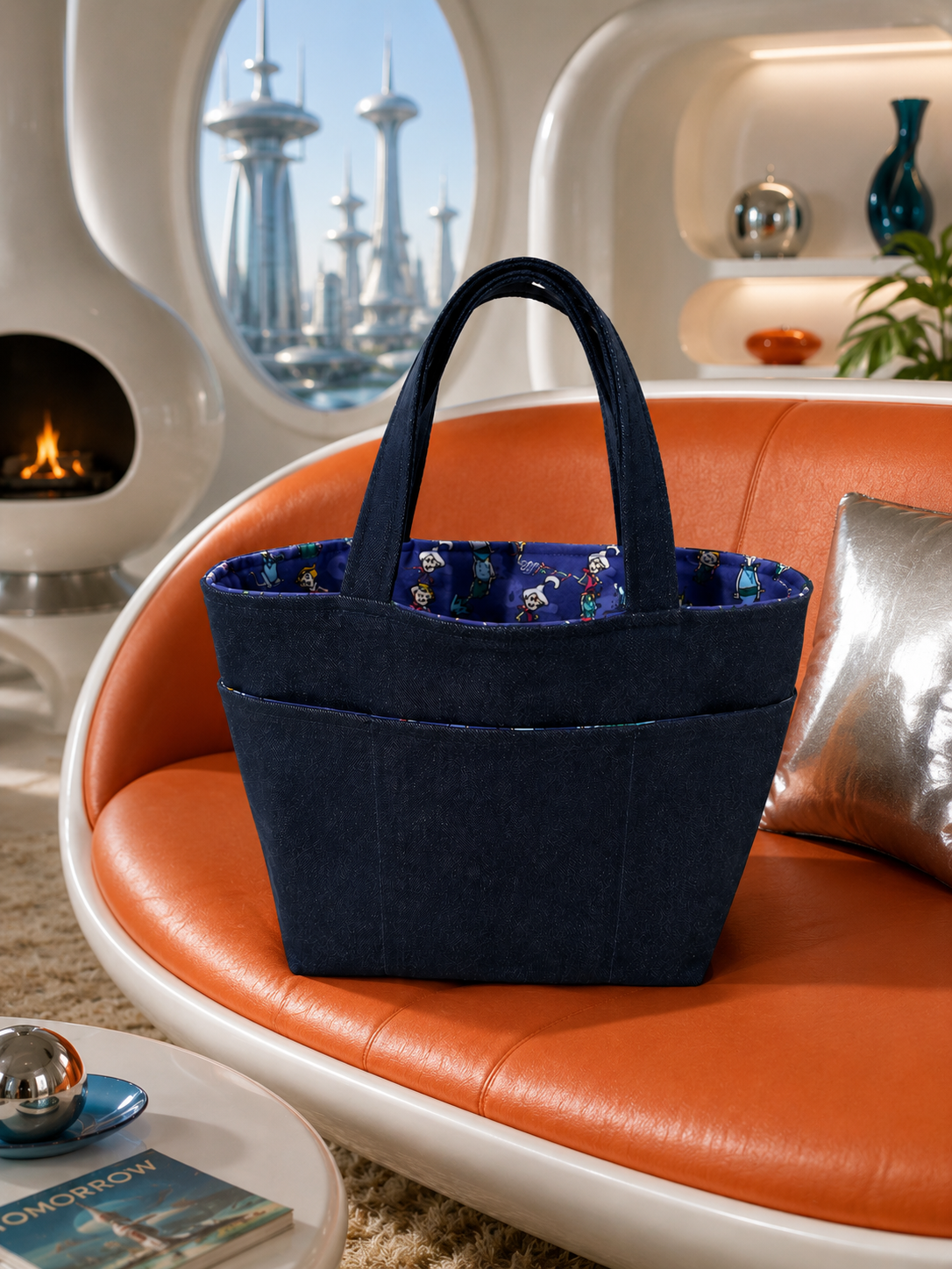 Small denim Jetsons tote displayed on a retro space-age sofa.