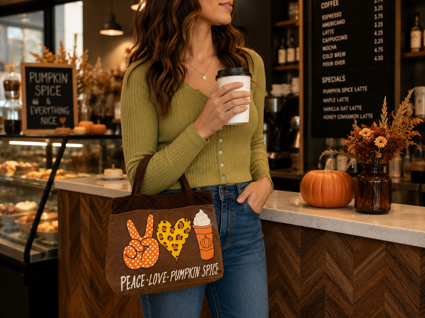 Corduroy Bag with Peace Love Pumpkin Spice graphic is great for coffee runs, market hopping and daytrips.