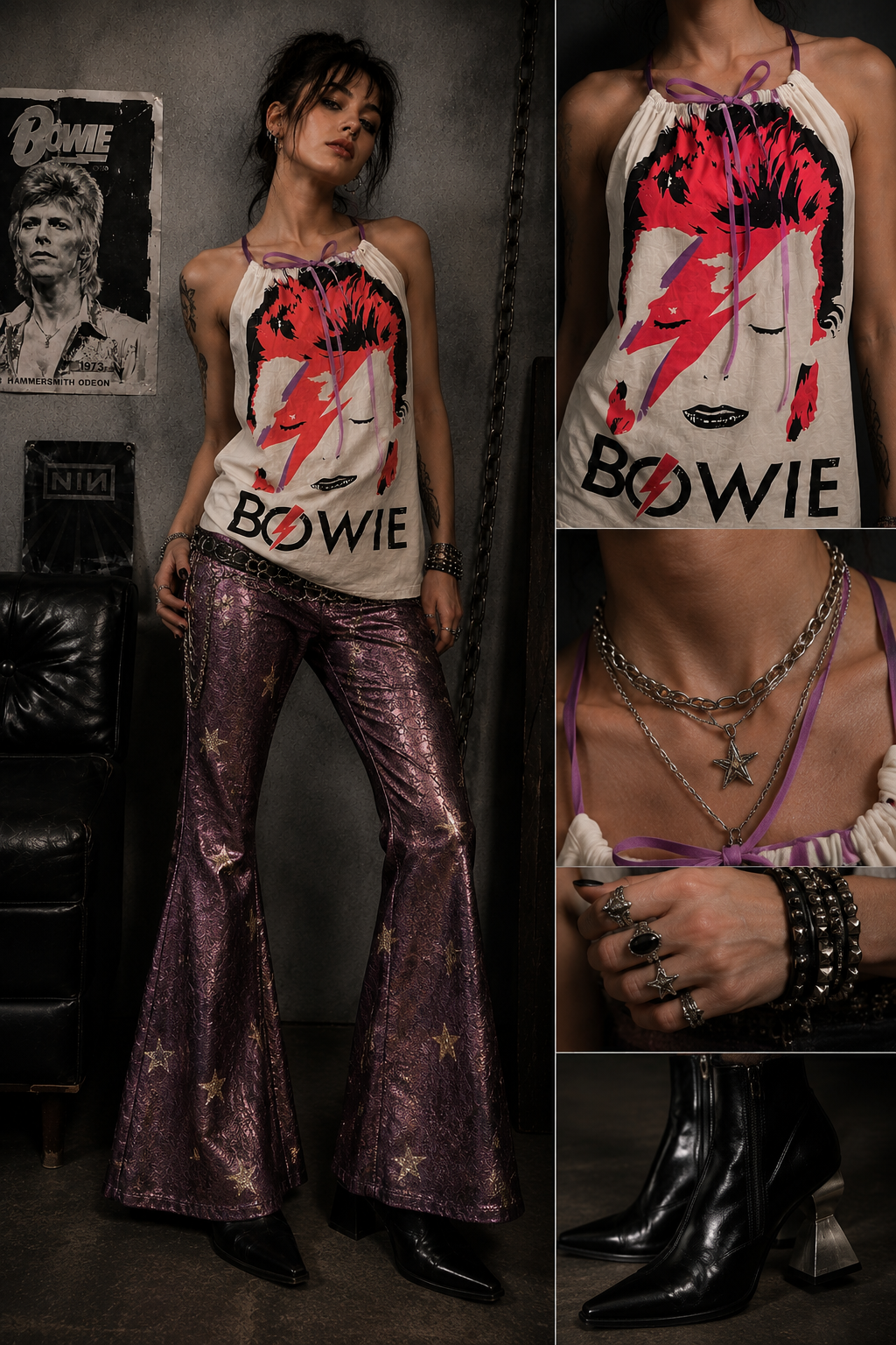 Upcycled Bowie Halter Top: Reworked Graphic Tee, Sustainable Fashion (Size M)