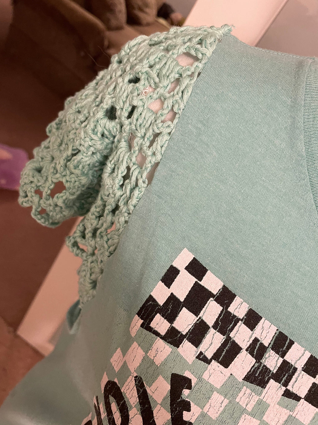 Reworked Graphic Tee with Hand-Crocheted Sleeves (Size: Small)