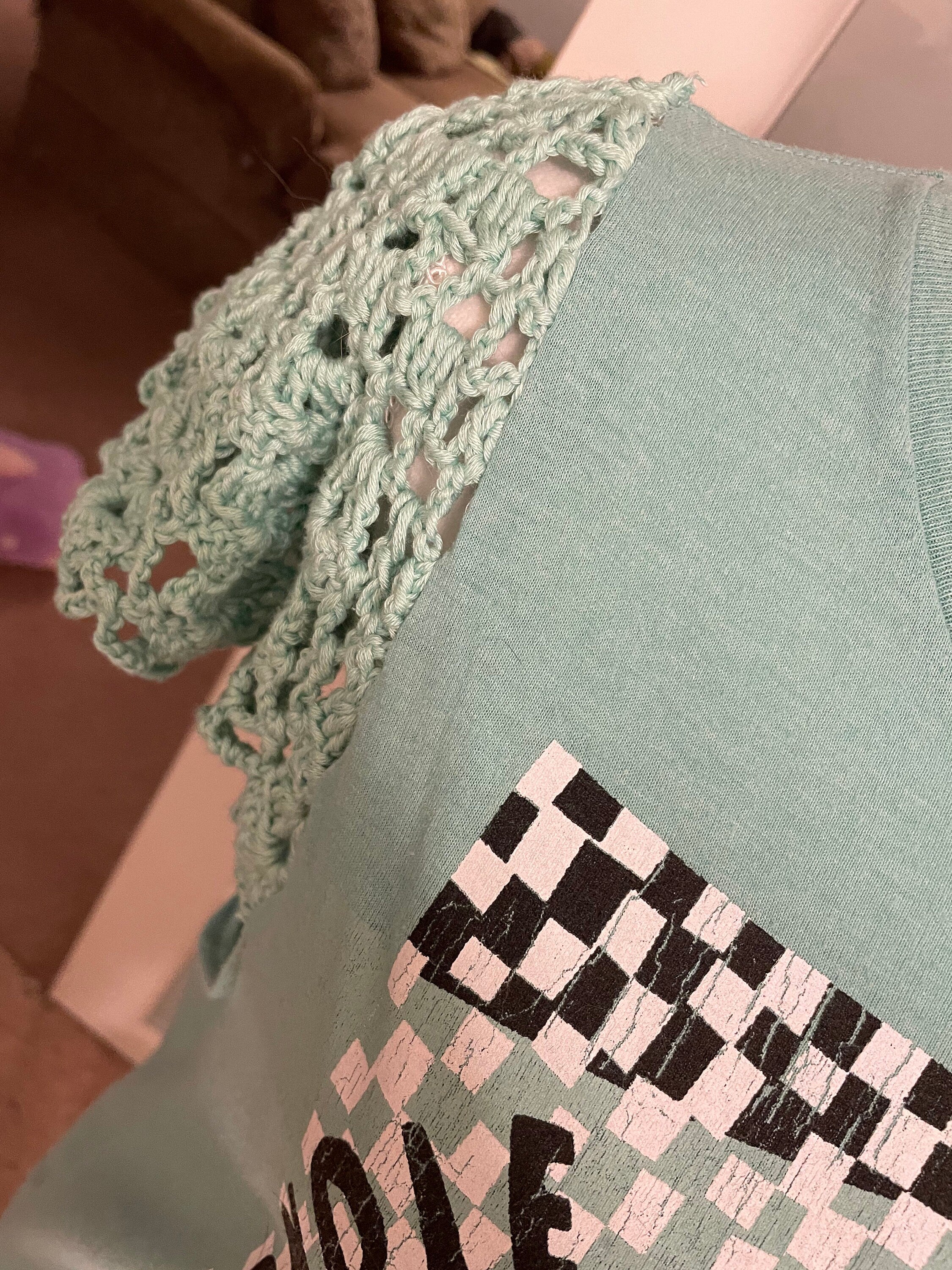 Reworked Graphic Tee with Hand-Crocheted Sleeves (Size: Small)