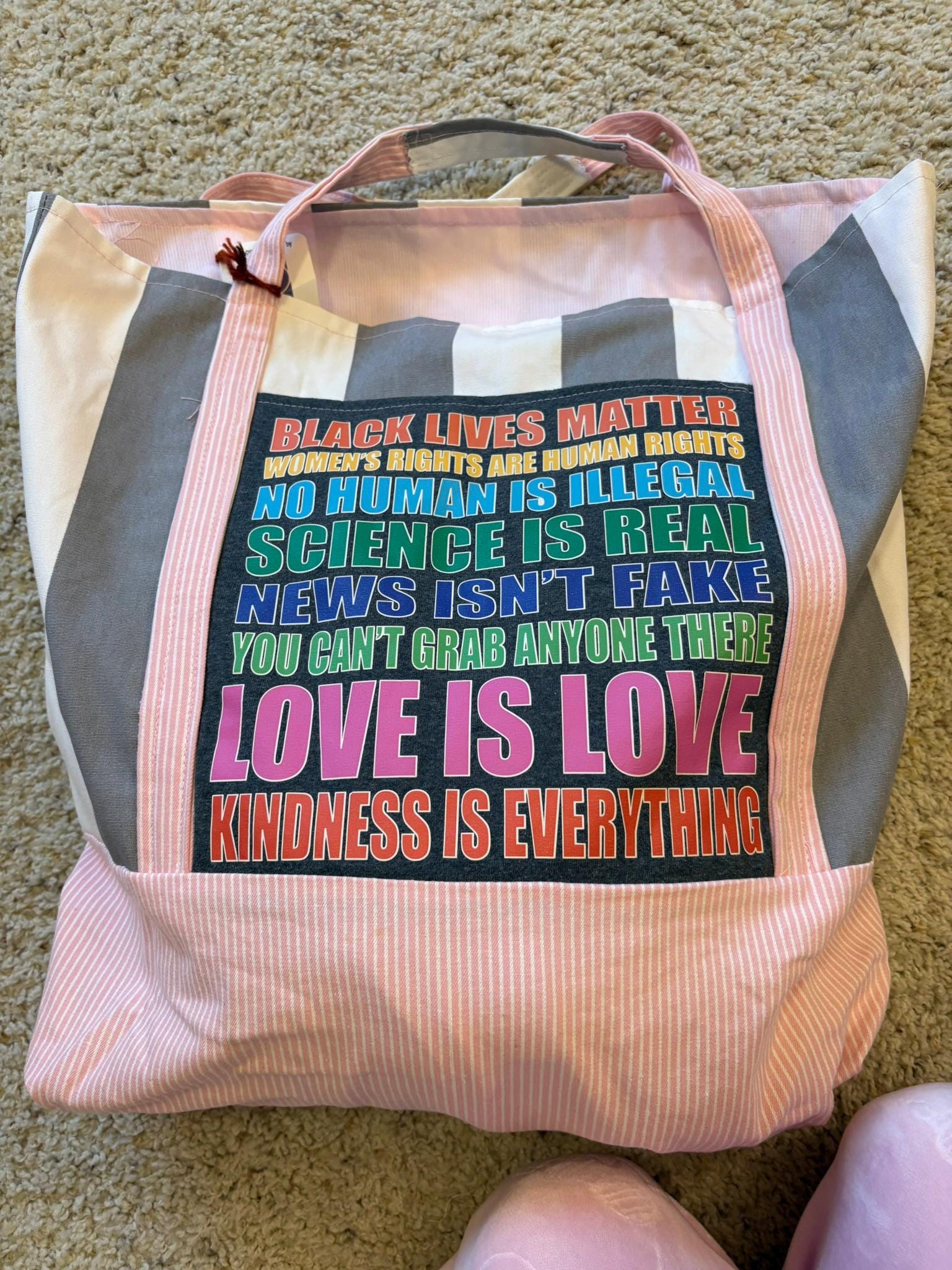 Large Statement Tote | Upcycled Inclusivity Graphic Tee | Reclaimed Fabric Travel & Market Tote | One-of-One Bag