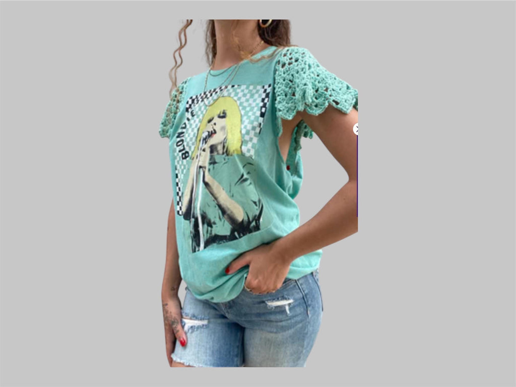 Reworked Graphic Tee with Hand-Crocheted Sleeves (Size: Small)