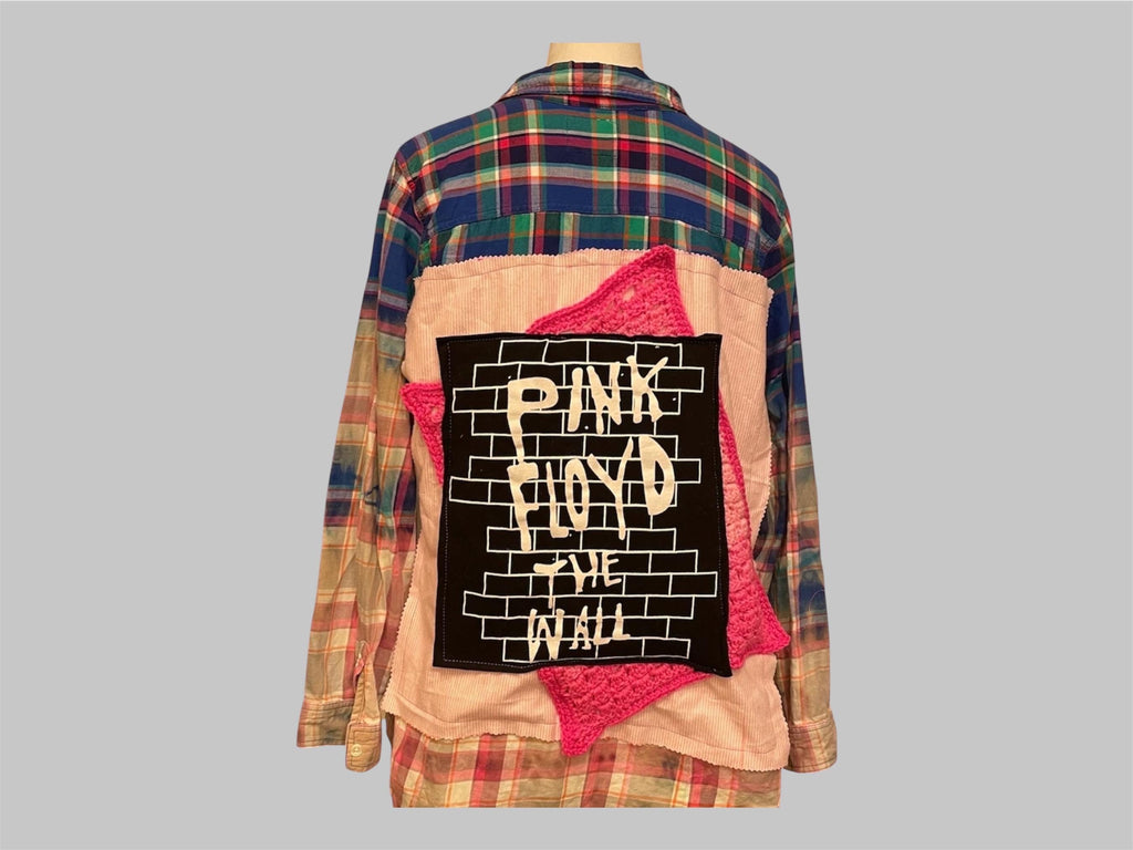 Classic Rock Reworked Flannel • Women’s XL • Upcycled Crochet Brick Graphic • Distressed Multicolor Button-Up •