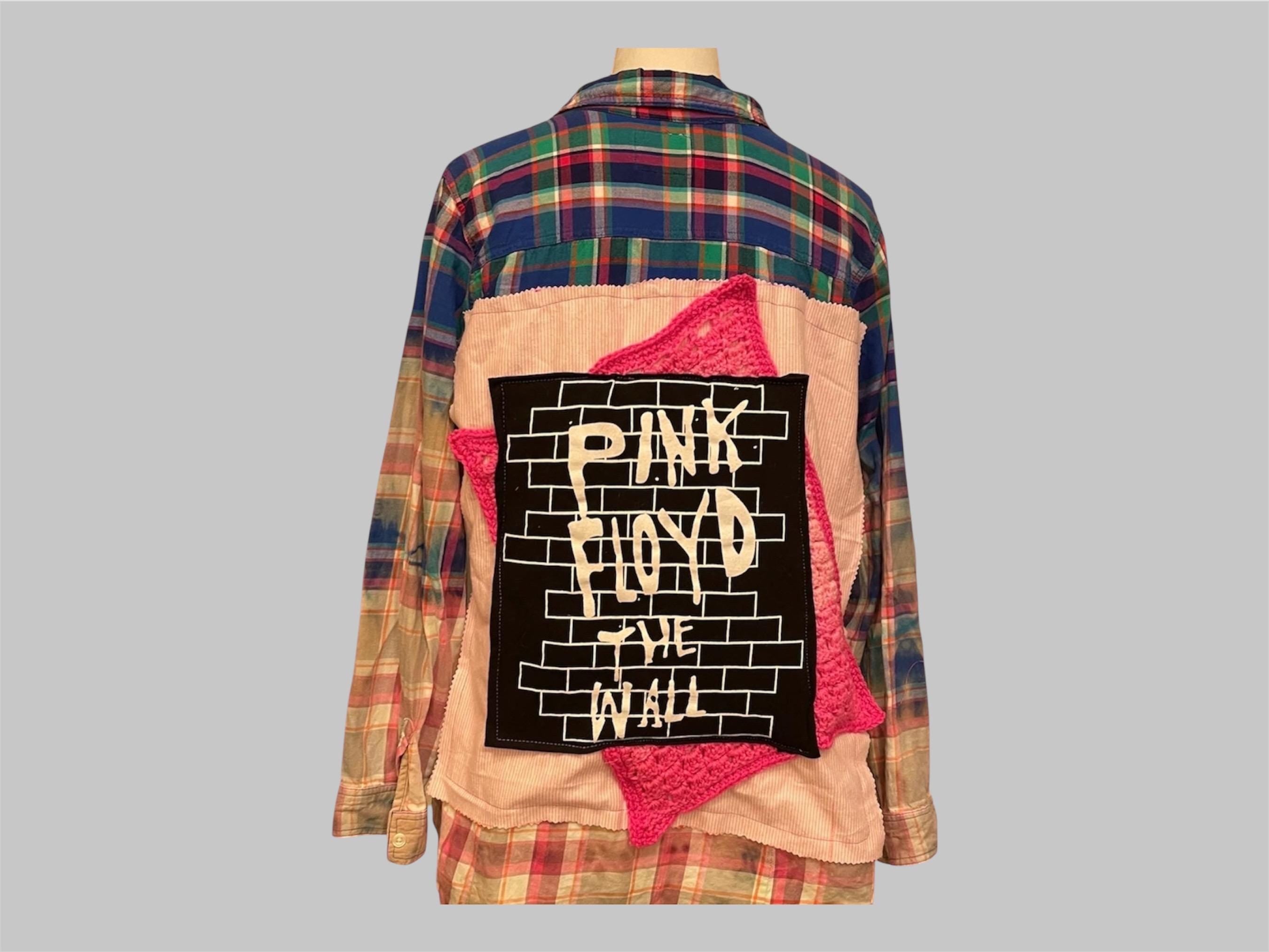 Classic Rock Reworked Flannel • Women’s XL • Upcycled Crochet Brick Graphic • Distressed Multicolor Button-Up •