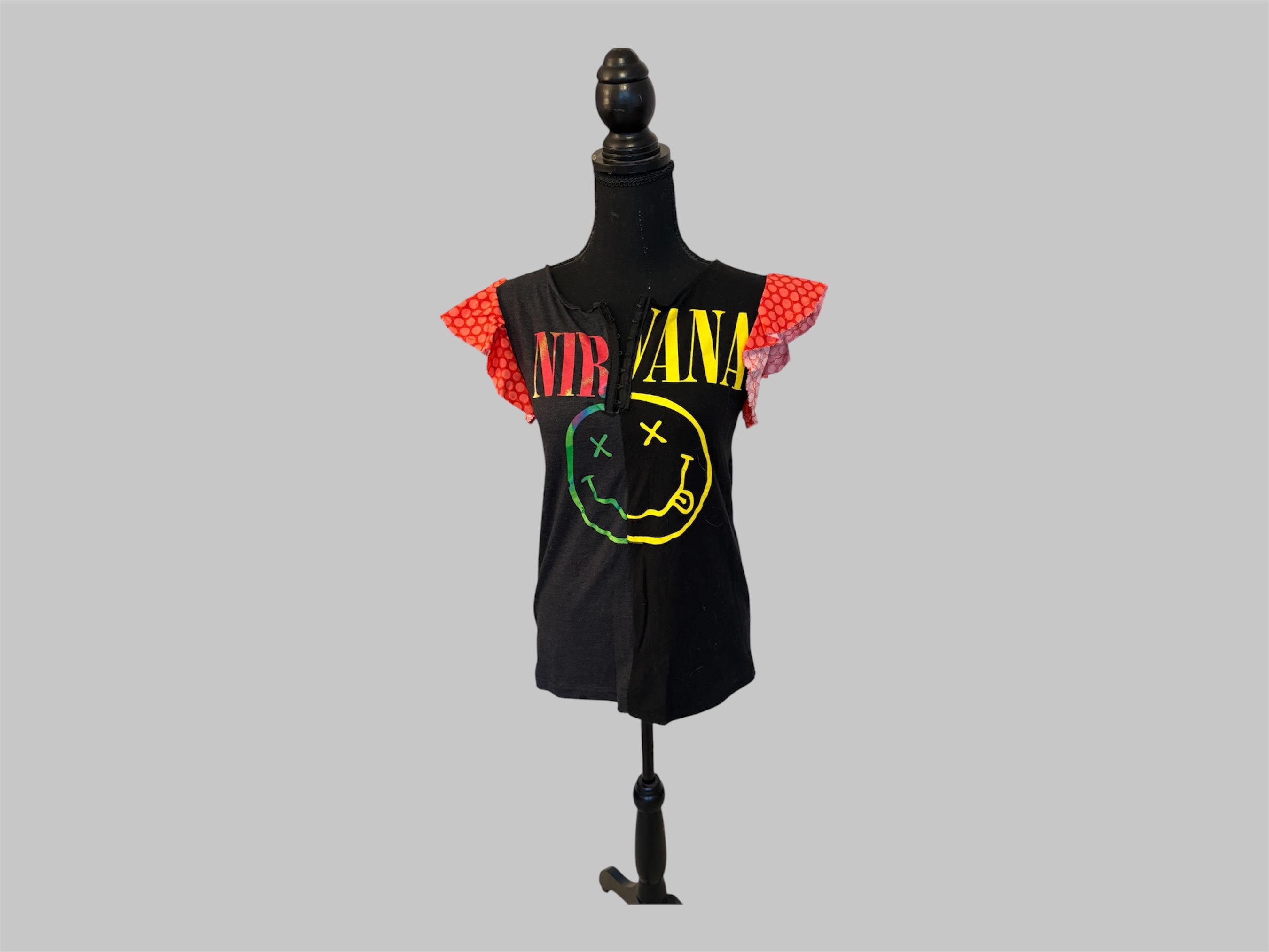 Reworked Smiley Face Band Tee – One-of-a-Kind Flutter Sleeve Top (Size S/M)