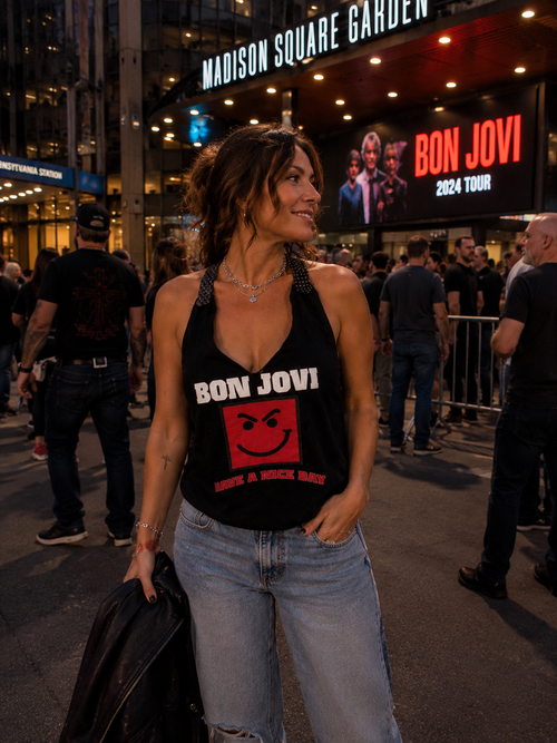Bon Jovi halter made from repurposed graphic tee and reclaimed fabric and neckties.