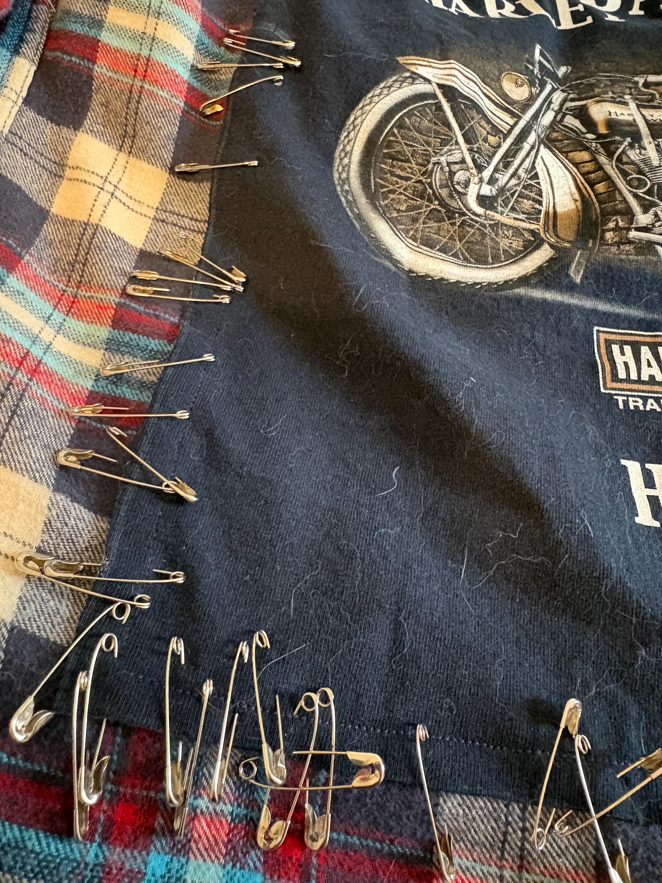 Upcycled Harley Davidson Flannel І  Reworked Graphic Tee with metal embellishment І One of a kind Flannel Grunge Shirt