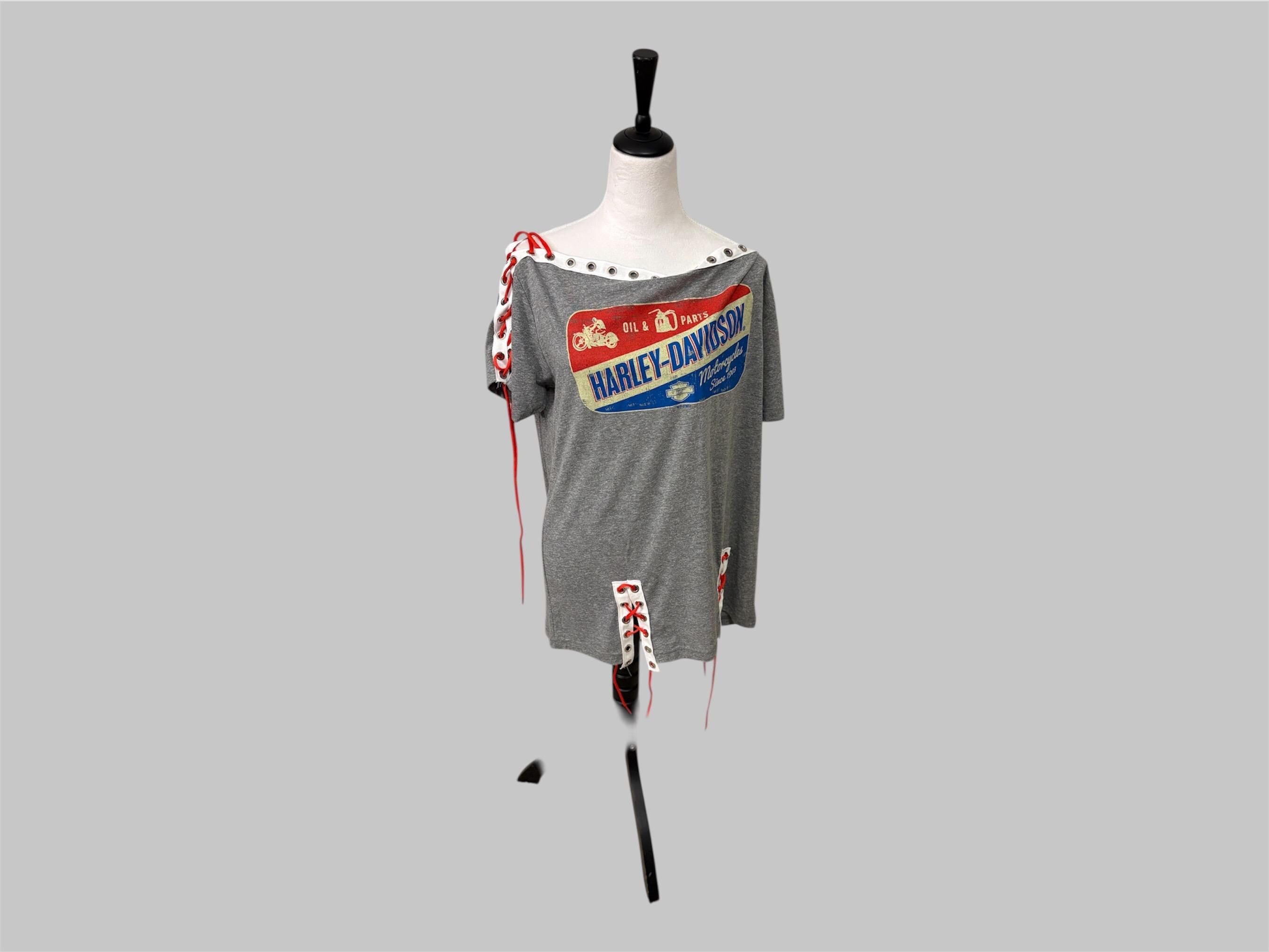 Upcycled Harley Davidson Top Women І  Reworked Graphic Tee with Grommet Sleeves І One of a kind Asymmetrical Boho Grunge Shirt