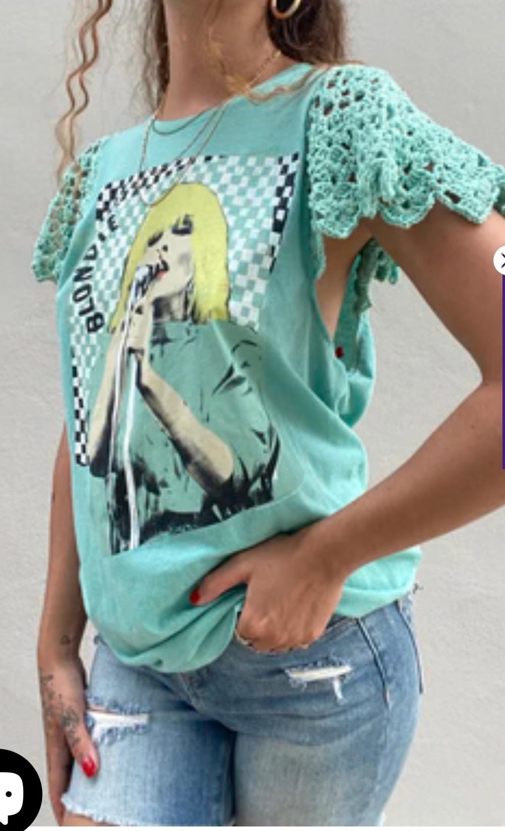 Reworked Graphic Tee with Hand-Crocheted Sleeves (Size: Small)