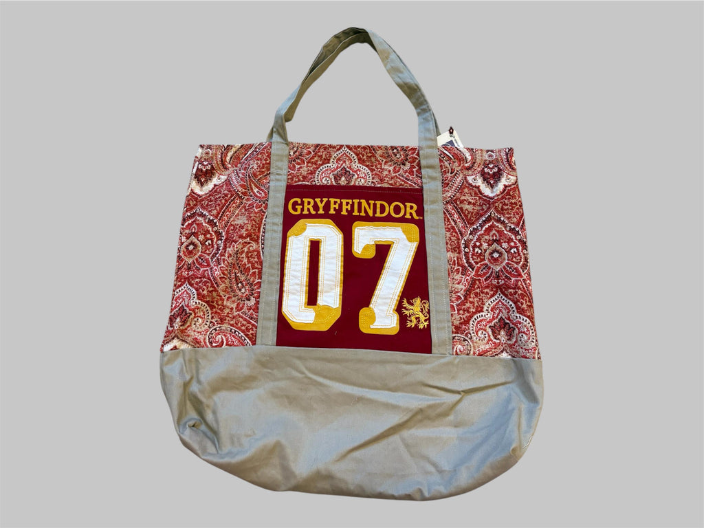 One of a Kind Gryffindor Tote Bag | Upcycled Graphic Tee Beach Bag | Weekender Carryall | Sustainable Fandom Fashion