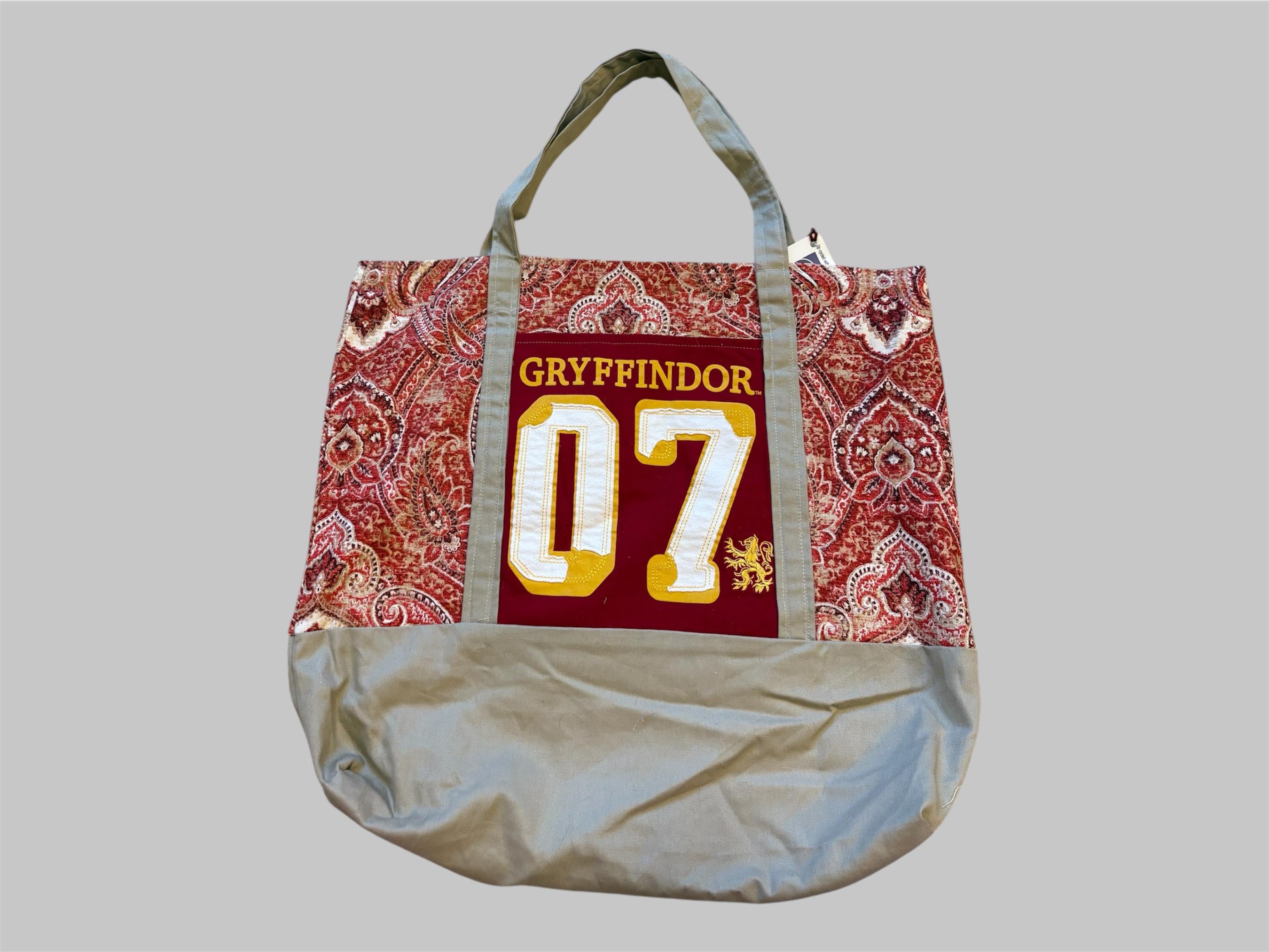 One of a Kind Gryffindor Tote Bag | Upcycled Graphic Tee Beach Bag | Weekender Carryall | Sustainable Fandom Fashion