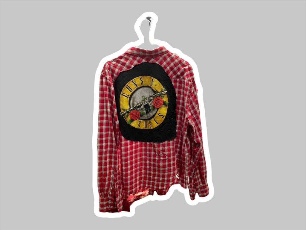 One-of-a-Kind Distressed Flannel Shirt | Upcycled Graphic XL | Rocker Style Layering