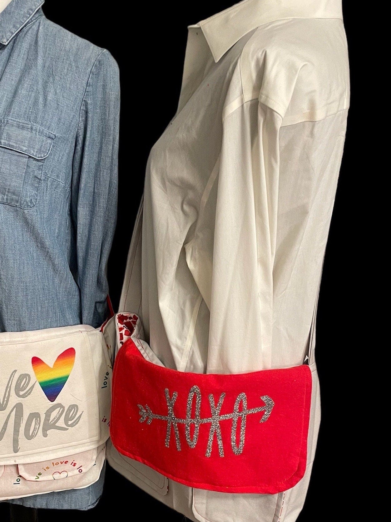 XOXO Upcycled Messenger Bag, Customize, Sustainable Fashion, Reworked, Repurposed (13x11x3)