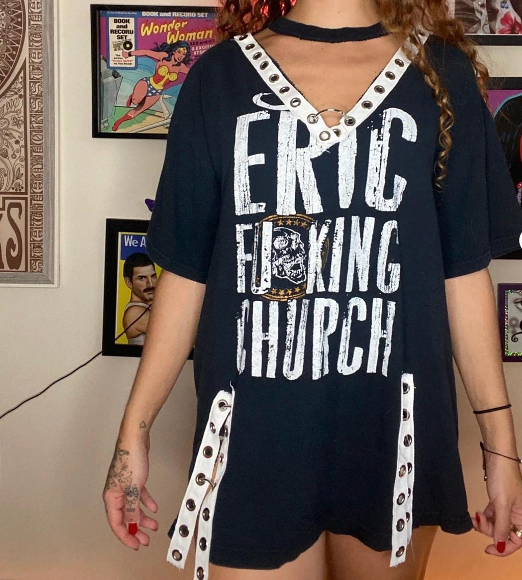 Reworked Eric Church Graphic Tee Dress, Grommet Lace-Up Rocker Style