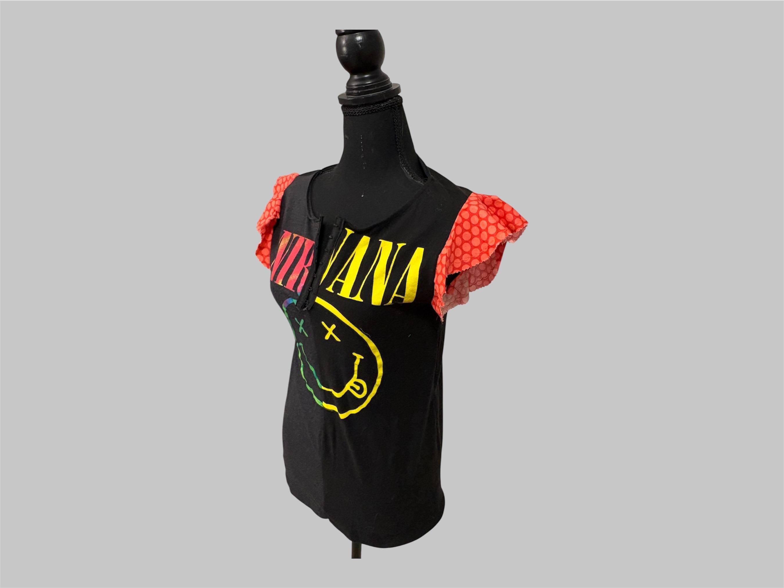 Reworked Smiley Face Band Tee – One-of-a-Kind Flutter Sleeve Top (Size S/M)