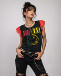 Reworked Nirvana Smiley Face Band Tee – One-of-a-Kind Flutter Sleeve Top (Size S/M)