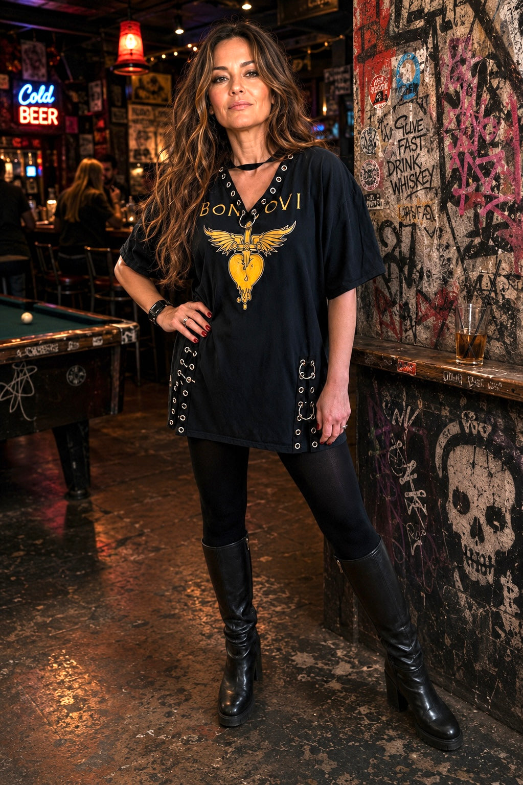 Woman wearing one-of-a-kind Bon Jovie grommet dress/tunic.