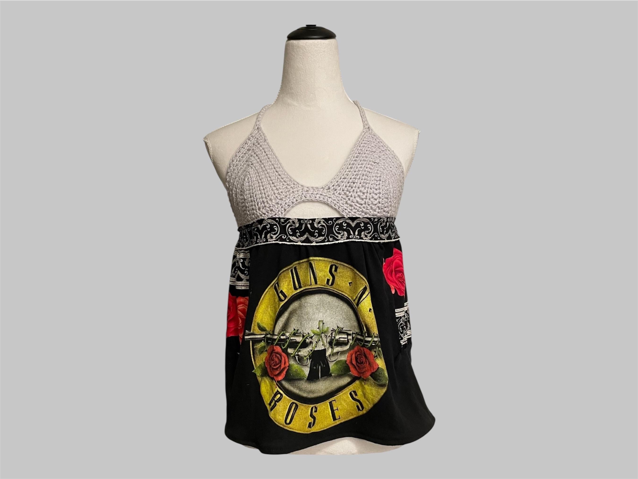 One of a Kind Rocker Crochet Halter Top  Reworked Band tee  Upcycled shirt  Festival Halter  Rock Band Clothing Handmade top (Size Small).