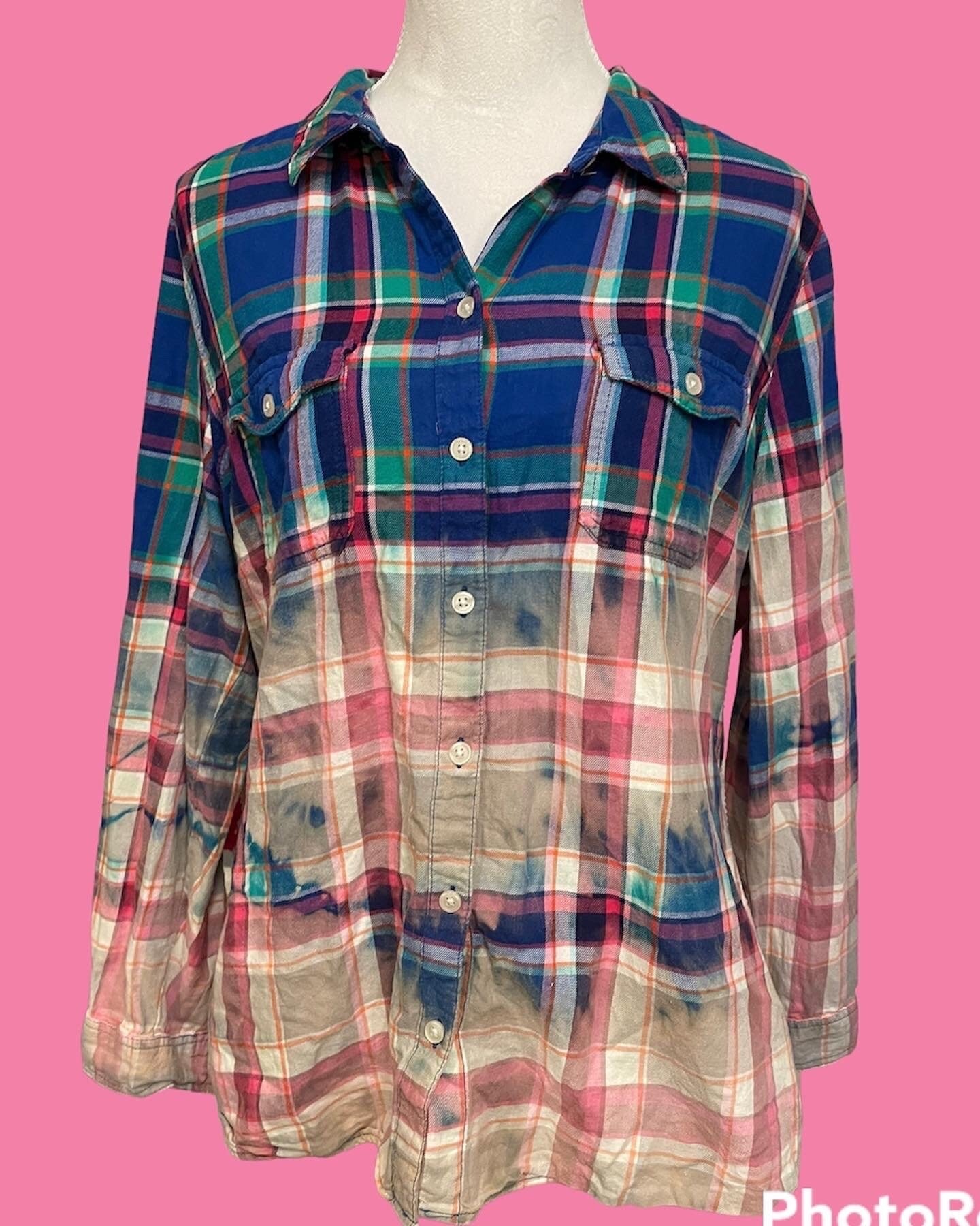 Classic Rock Reworked Flannel • Women’s XL • Upcycled Crochet Brick Graphic • Distressed Multicolor Button-Up •