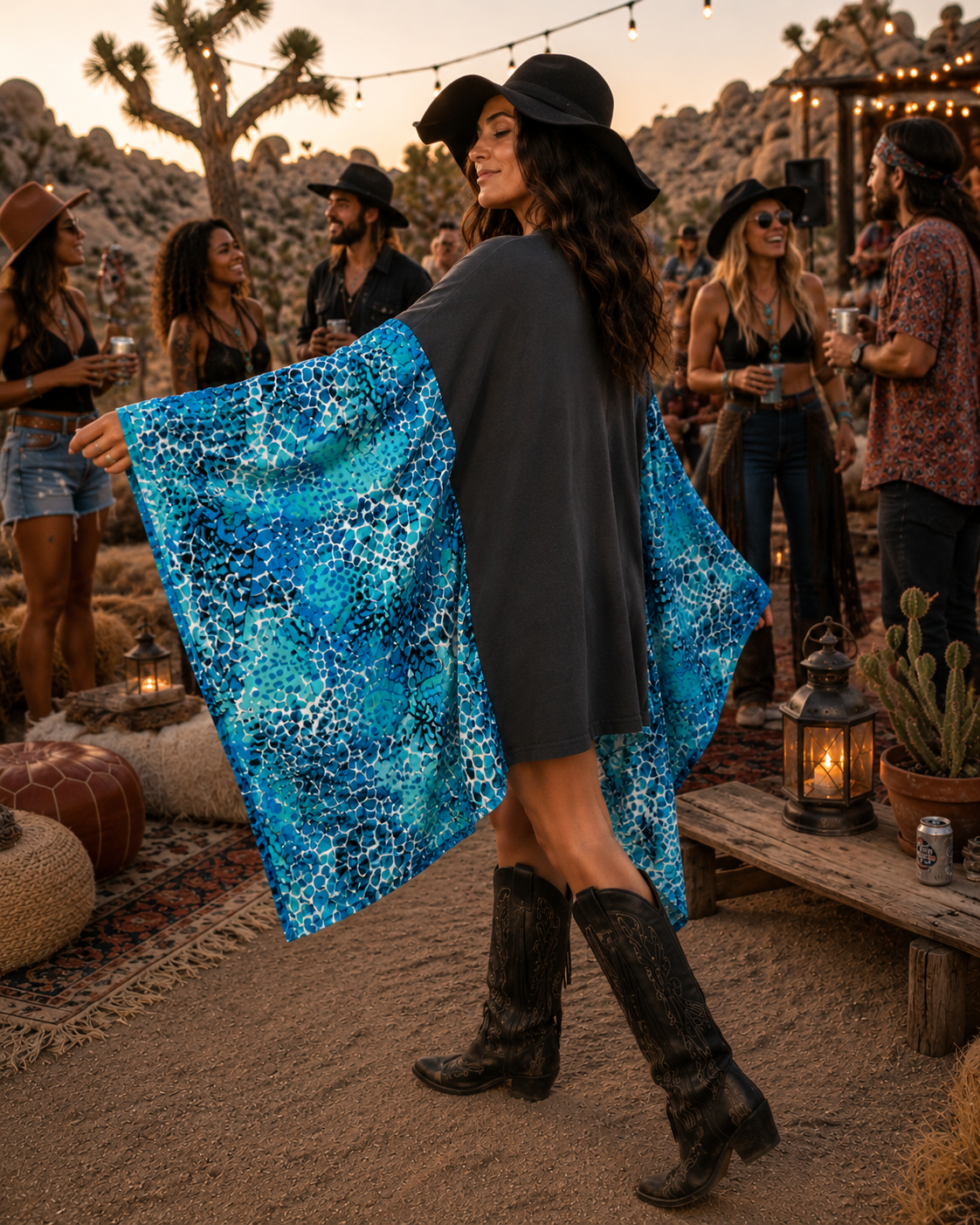 The Doors poncho with blue patterned kimono sleeves.
