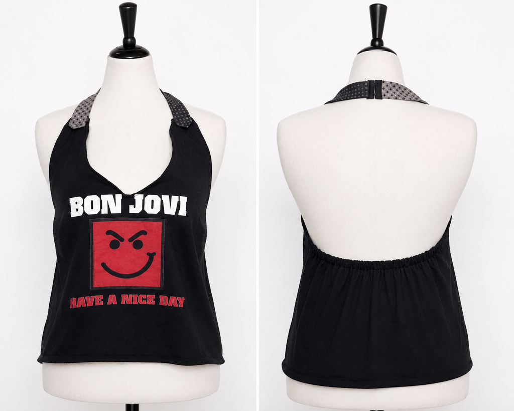 Bon Jovi halter made from repurposed graphic tee and reclaimed fabric and neckties.