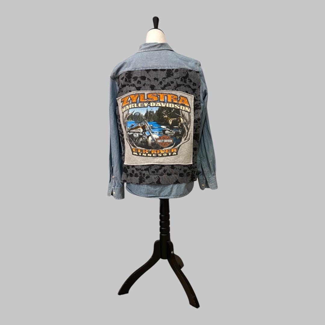 Upcycled Harley Davidson Flannel І  Reworked Graphic Tee І One of a kind Flannel Grunge Shirt