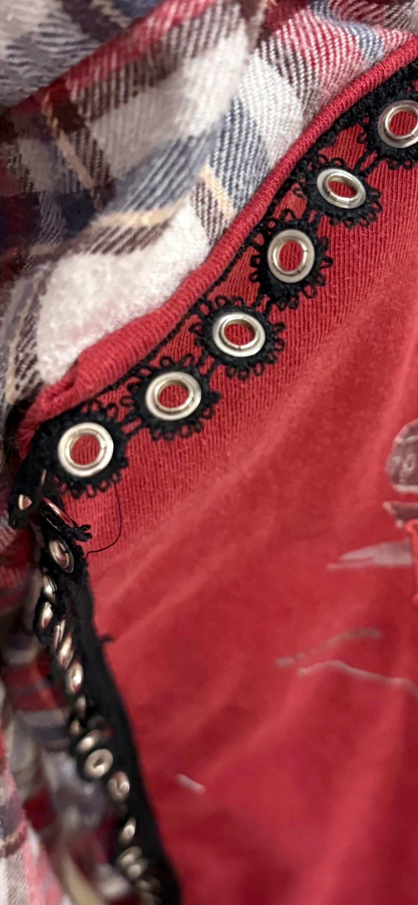 Upcycled Harley Davidson Flannel І  Reworked Graphic Tee with Grommet Fringe І One of a kind Flannel Grunge Shirt