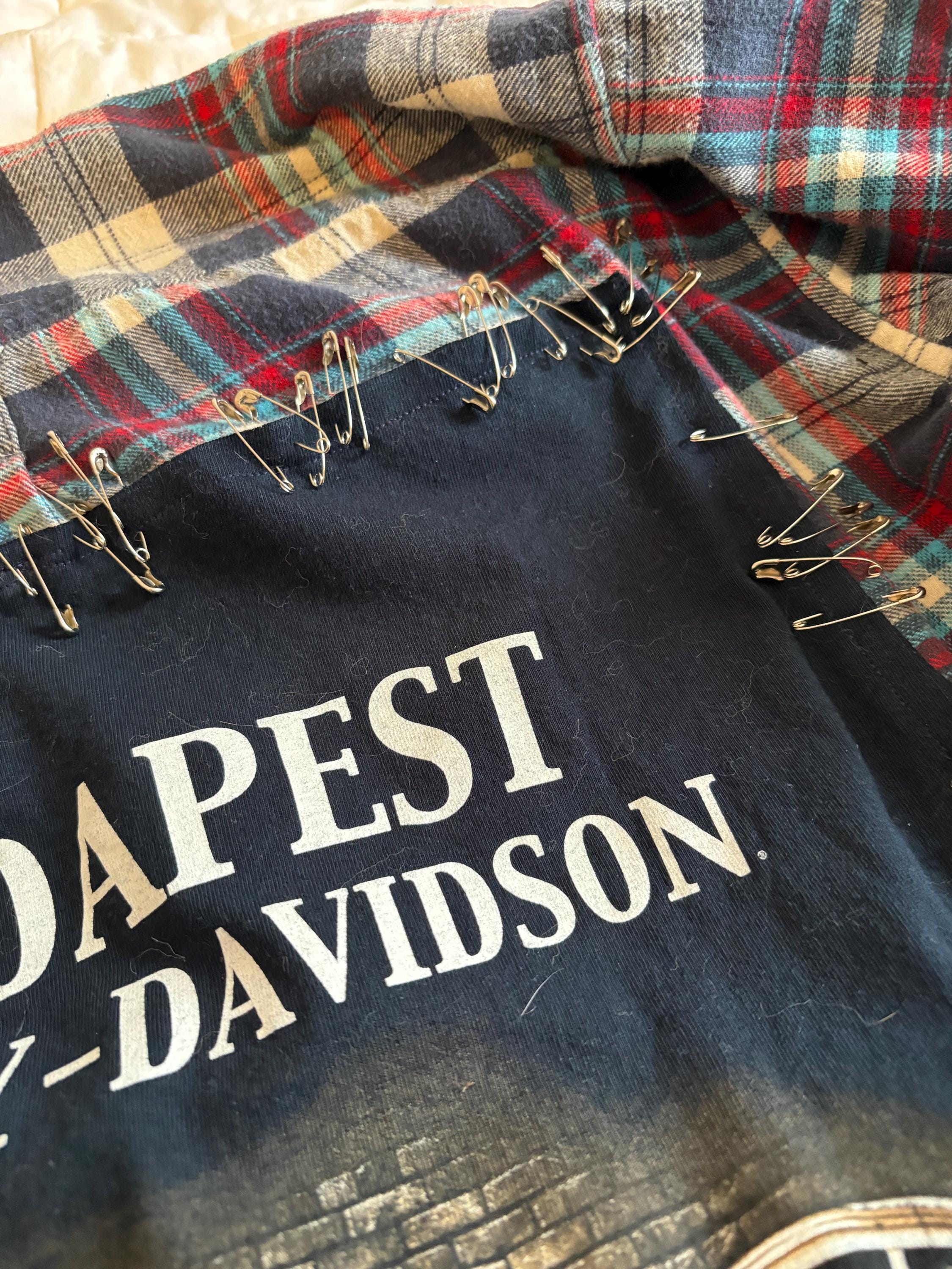 Upcycled Harley Davidson Flannel І  Reworked Graphic Tee with metal embellishment І One of a kind Flannel Grunge Shirt