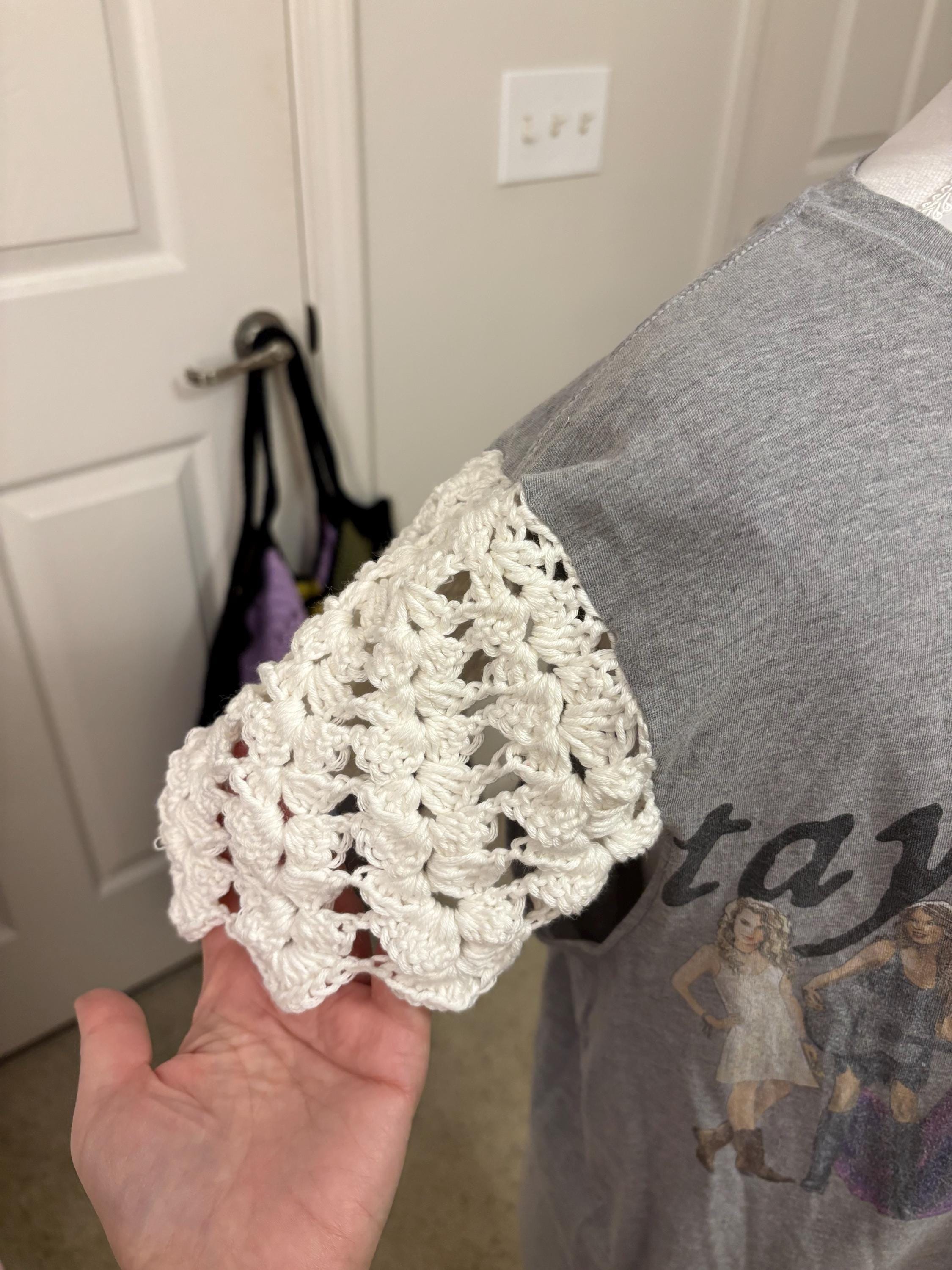 Reworked Graphic Tee with Hand-Crocheted Sleeves (Size: L)