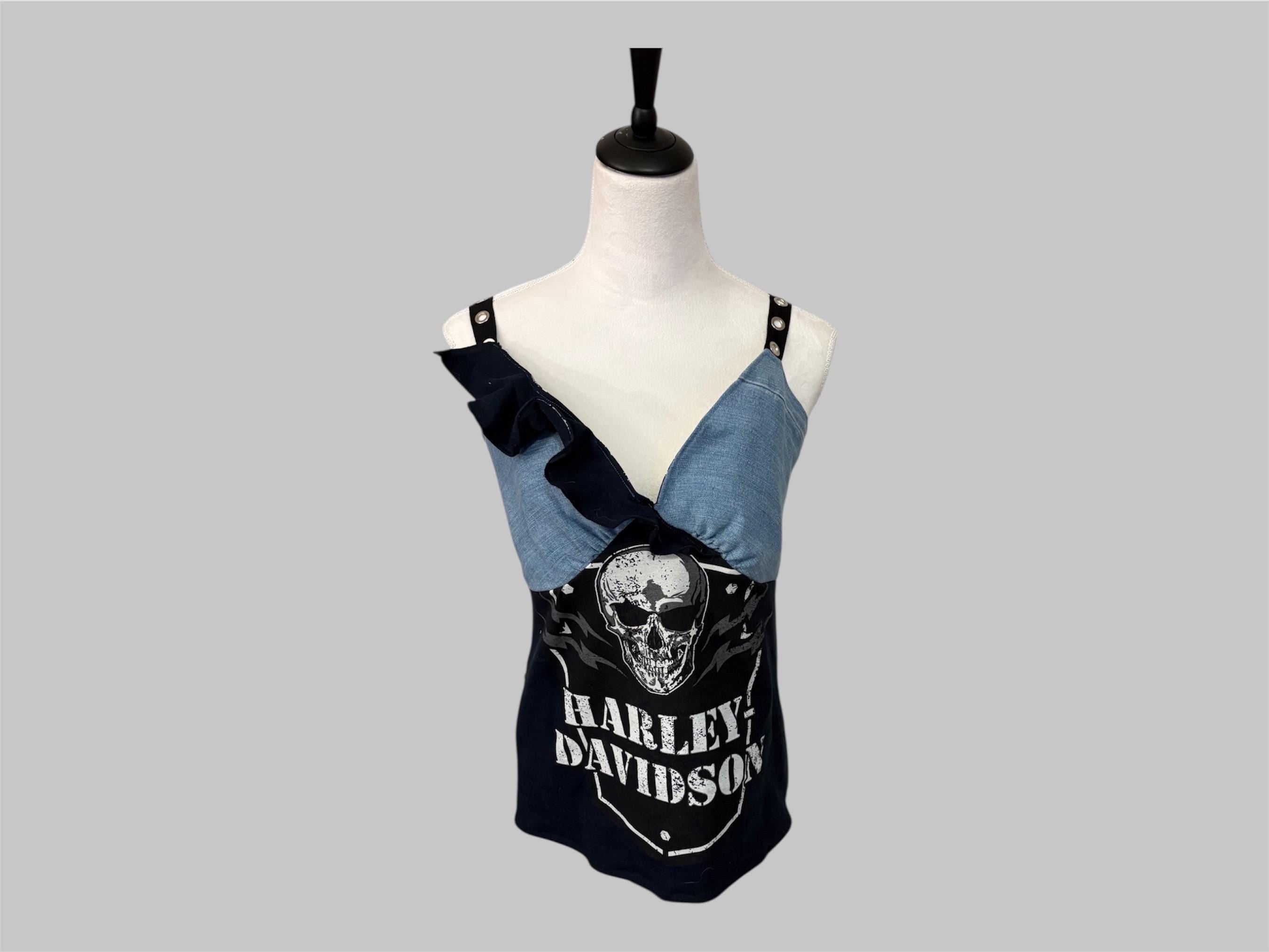 Upcycled Harley Davidson Tank Top | Reworked Graphic Tee Cami | One of One Handmade Top | Grommet Strap Patchwork Shirt