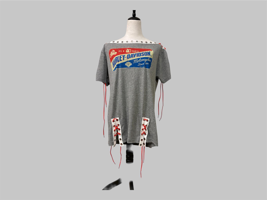 Upcycled Harley Davidson Top Women І  Reworked Graphic Tee with Grommet Sleeves І One of a kind Asymmetrical Boho Grunge Shirt