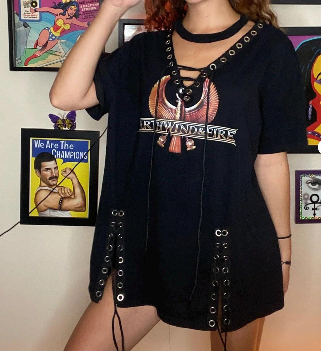 Reworked Earth Wind & Fire Grommet Lace-Up Dress