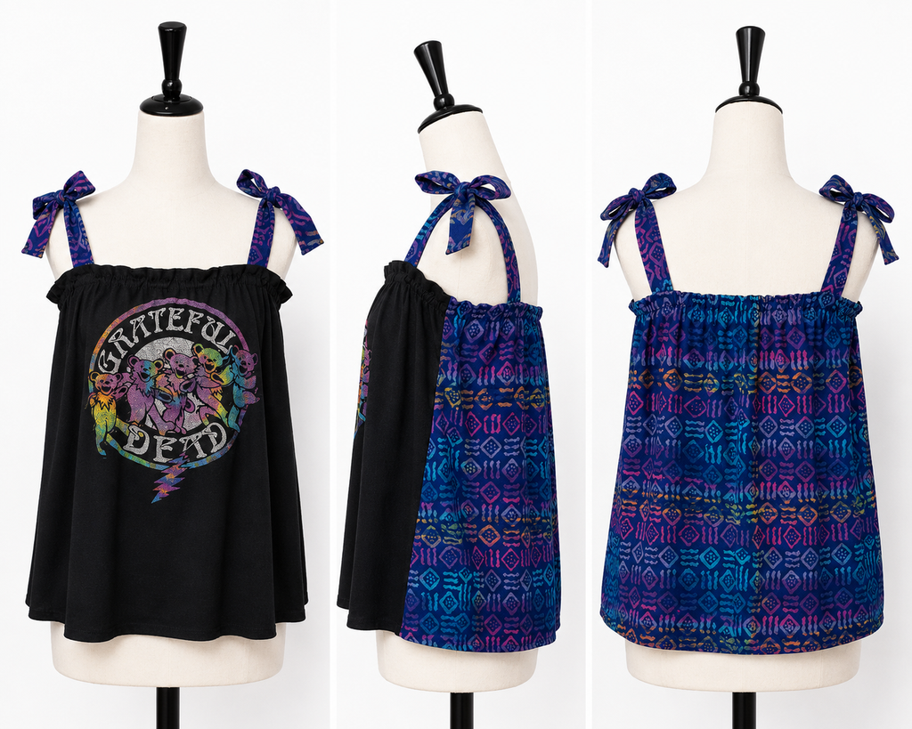 Grateful Dead Tie Strap Tank Top | Upcycled Band Tee with Batik Back | Boho Festival Top