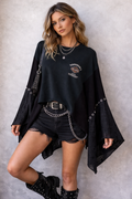Upcycled Harley Davidson Top Women І  Reworked Graphic Tee with Grommet Sleeves І One of a kind Asymmetrical Boho Grunge Shirt